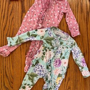 Posh Peanut sleeper bundle—bright floral print and pink floral print with ruffle